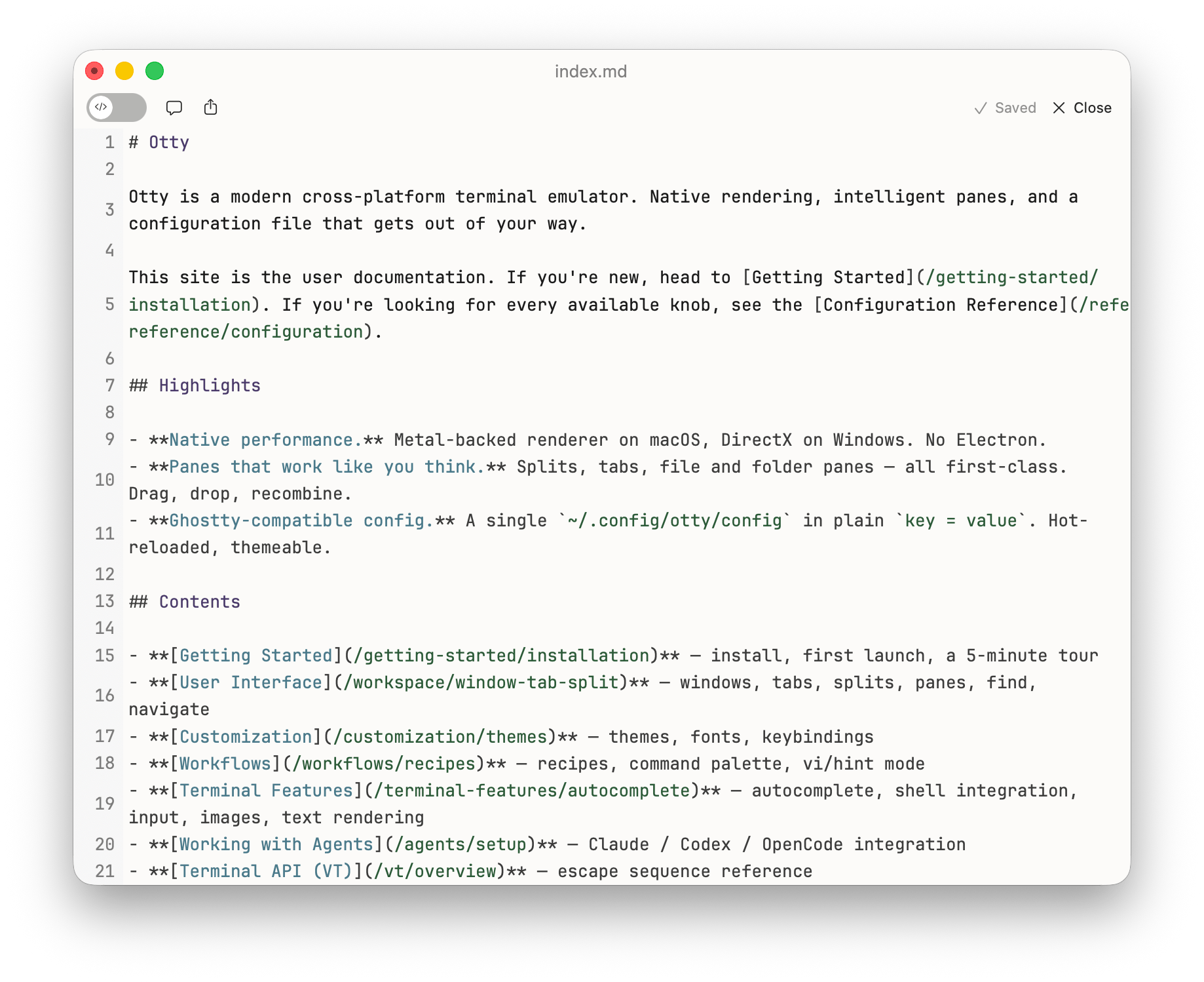 Otty text editor pane