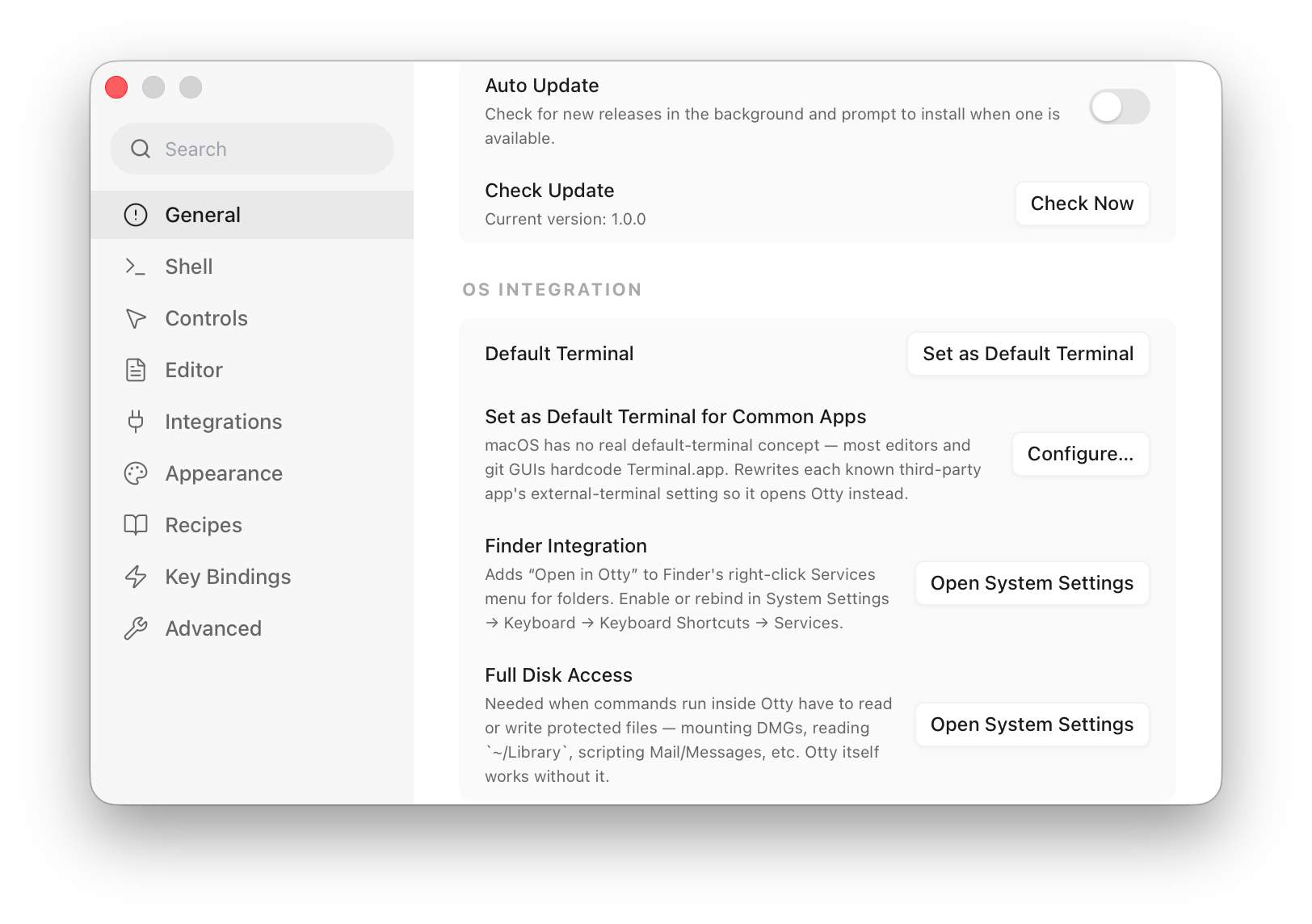 OS Integration card in Otty Settings