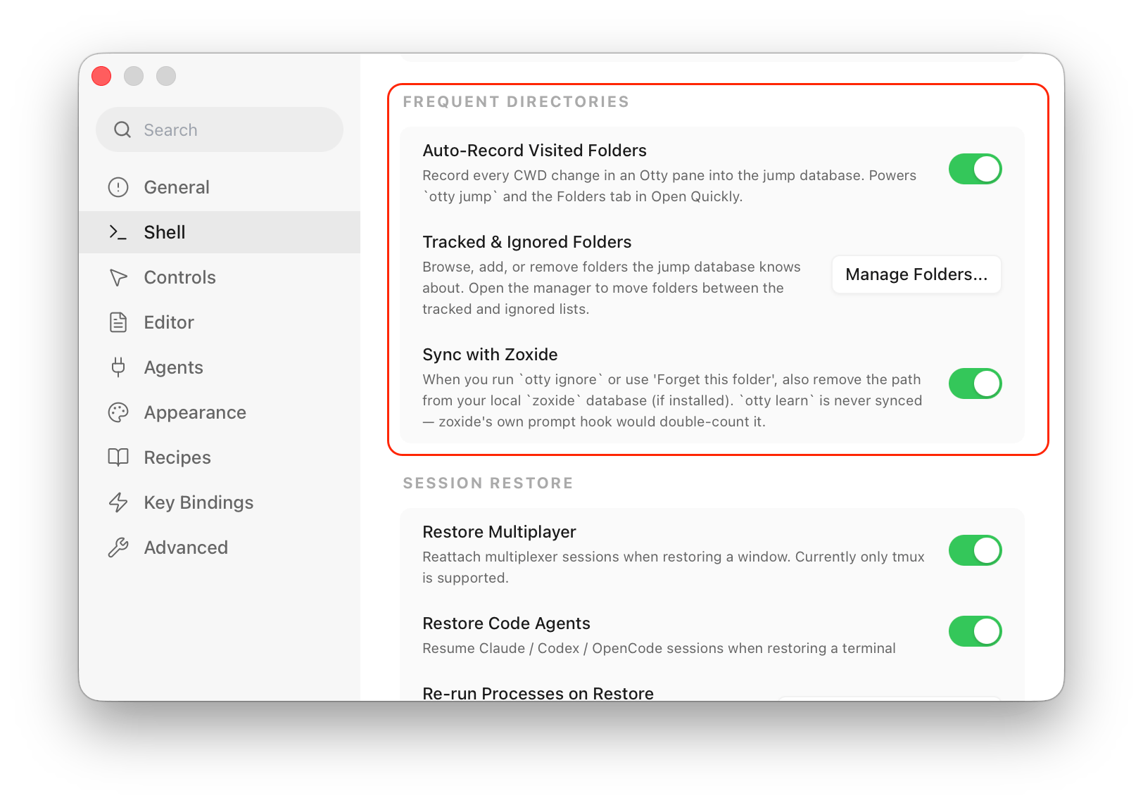 Settings → Shell → Frequent Folders