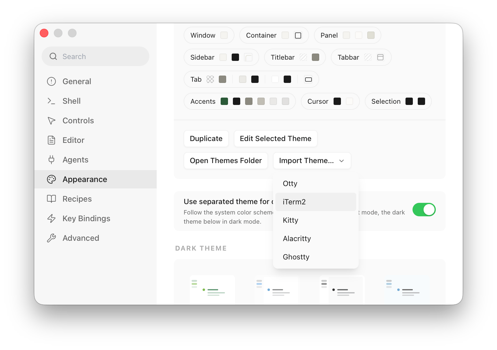 import theme from settings panel
