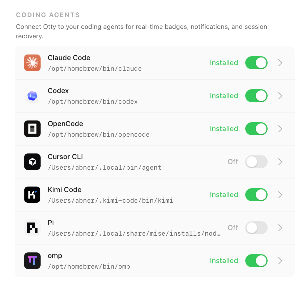 Settings → Agents — connect your coding agents
