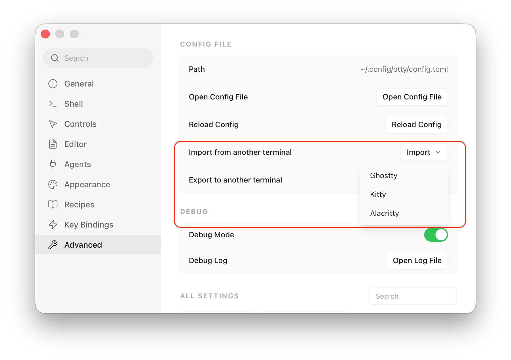 settings import / export