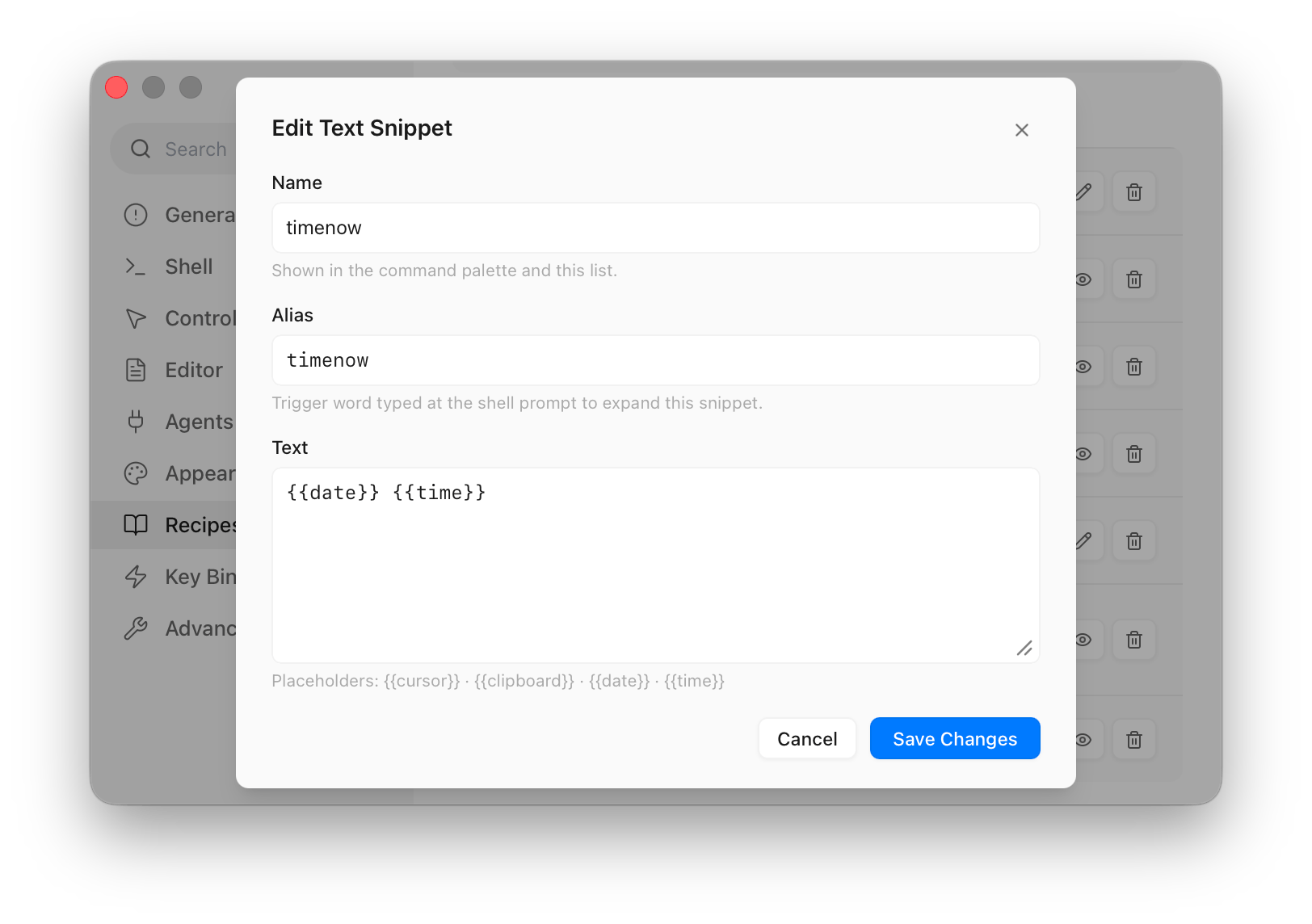 Creating a text snippet in Settings → Recipes
